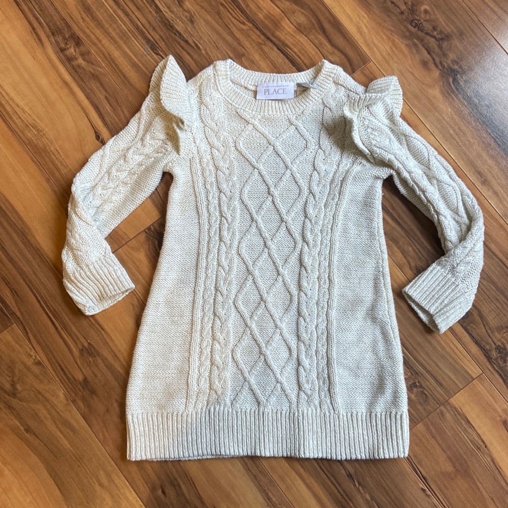 Toddler Girls Sweater Dress - Size 2T - Cream/Off white with Gold